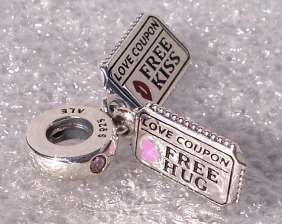 Love Coupon, Pandora, Bracelet Charm, Free HUGS, Kisses, 925, Dangle, Enamel, Raspberry Pink, Crimson Red, Synthetic Sapphires, Engraved
