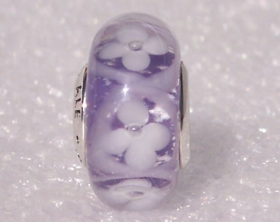 Pandora, Purple, Field Of Flowers, Bracelet Charm, Iridescent, White Flowers, Retired, Murano Glass