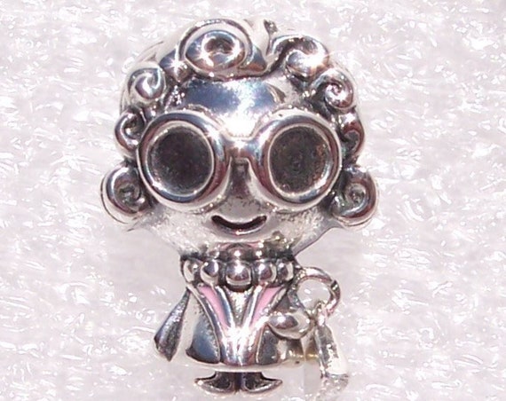 Wise Woman, Pandora, Bracelet Charm, Pink Enamel, Sterling Silver, Grandma, Spectacles, Curly Hair, Granny, Handbag, Beaded Necklace