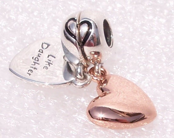 Mother Daughter Love, Pandora ROSE, Split, Bracelet Charm, Sterling Silver, Share, Never Apart, Black Enamel, Hearts, Dangle, Engraved