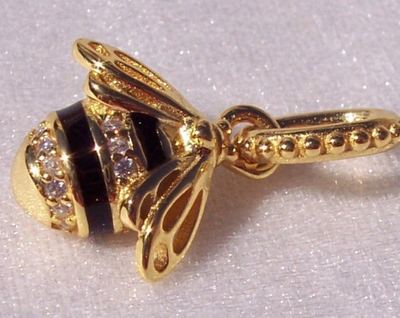 Queen Bee, Pandora Shine, Pendant, Bracelet Charm, Dominant, Leader, Female, 18K Gold Plated, Sterling Silver, 2018, Black Enamel, Clear CZ