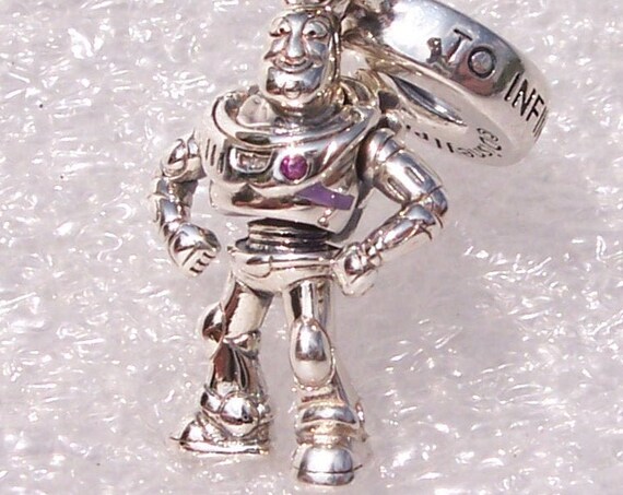 Toy Story, Buzz Lightyear, Pandora, Disney Pixar, Bracelet Charm, ANDY, Space Suit, Red CZ, Heroic, Articulated, Silver, Purple Enamel, Chin