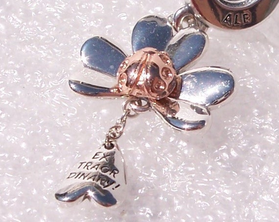 Rose Clover, Ladybird, Dangle, Pandora, Bracelet Charm, 2 Tone, Sterling Silver, Lucky Ladybug, Hearts, Love, Life, Extraordinary
