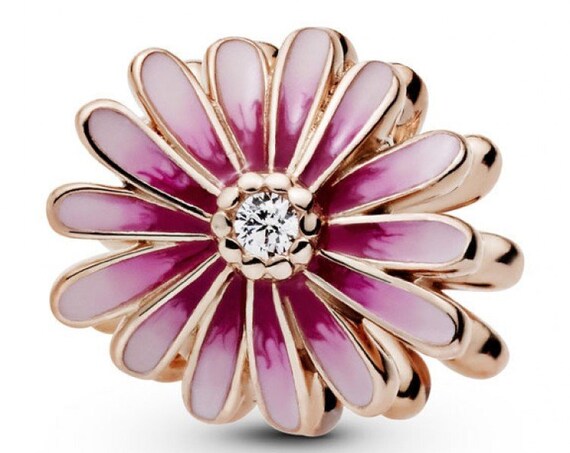 Pink Daisy Flower, Pandora Rose, Feminine, Floral, Enameled, Clear CZ, Resilient, Freedom, Slider,Springtime,Bracelet Charm, Spring Beads,