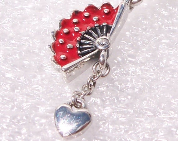 Spanish Fan, Pandora, Bracelet Charm, ESPANA, Bold Red Enamel, Sterling Silver, Dangle, Miniature Heart, Bezel Set CZ, Love Of Spain