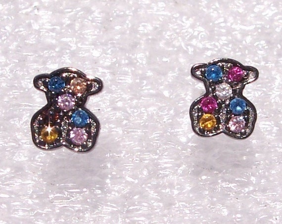 TOUS, Silver Fantasy, Earrings, Sapphires, SPAIN, Oxidized, Sterling Silver, Designer, High Fashion, Colorful, Bear Shape Studs, HOT, Trend