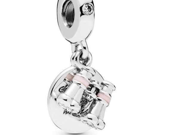 Heart Binoculars, Pandora, Bracelet Charm, Travel Memories, Good Times, On The Horizon, Dangle, Silver, 2019, Pink Enamel, Clear CZ
