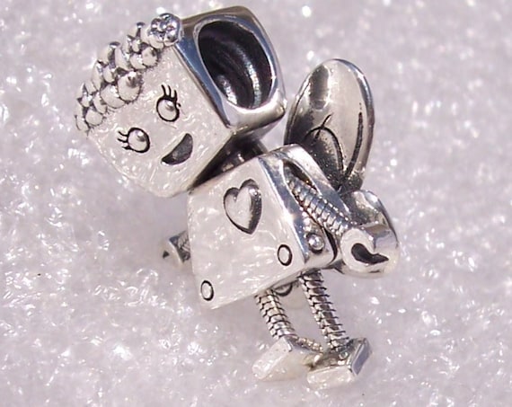 Floral Bella Bot, Pandora, LIMITED EDITION, Bracelet Charm, Floral Headpiece, Heart, Sterling Silver, Robot, Movable, Butterfly Wings, Happy