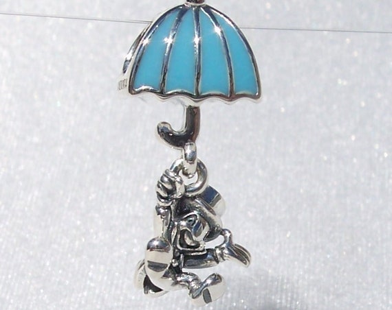 Jiminy Cricket, Pandora Disney, Bracelet Charm, Adventures, Comical, Wise Partner, Pinocchio, Figural, Dangle, Blue Enamel, Silver, Umbrella