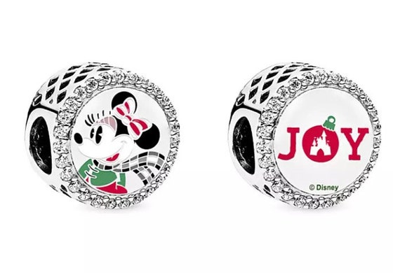 Minnie Mouse JOY, Holiday, Pandora Disney World, Exclusive, Mickey, Bracelet Charm, Enamel, 925, Clear CZ, Slider, Striped Bow, Castle