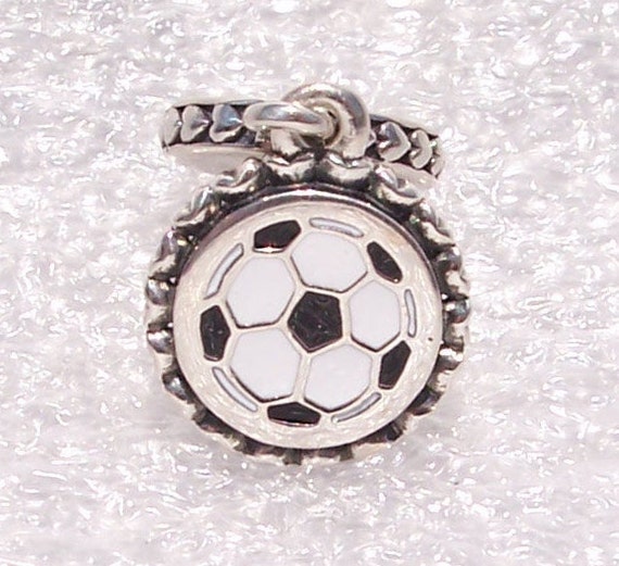 Soccer, Pandora, Bracelet Charm, Sterling Silver, Enamel, Dangle, Sports, GOAL, Family, Eleven People, Two Teams, White and Black