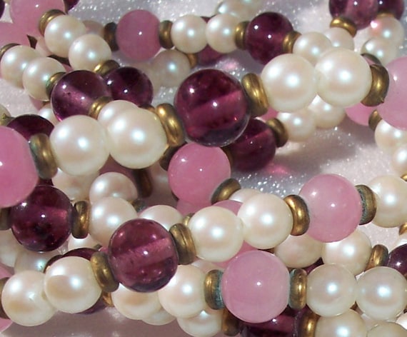 Designer Necklace,Sandra David,4 Strands,Purple,Pink Bead,Champagne,Glass Pearl Beads,Vintage Jewelry,Hallmarked,Fashion,MOD,Prom,Collection