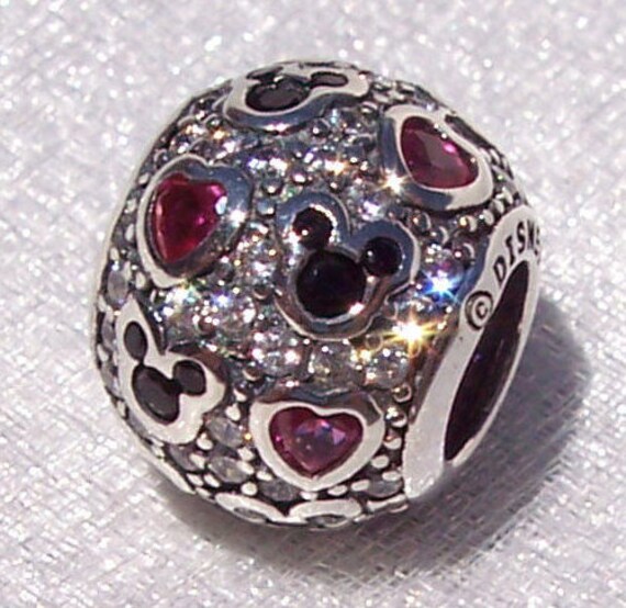 Sparkling Mickey, Hearts, Pandora Disney, Bracelet Charm, Embellished, Icon, Silhouette, Minnies Love, Silver, Black CZ, Mouse, Red, Slider