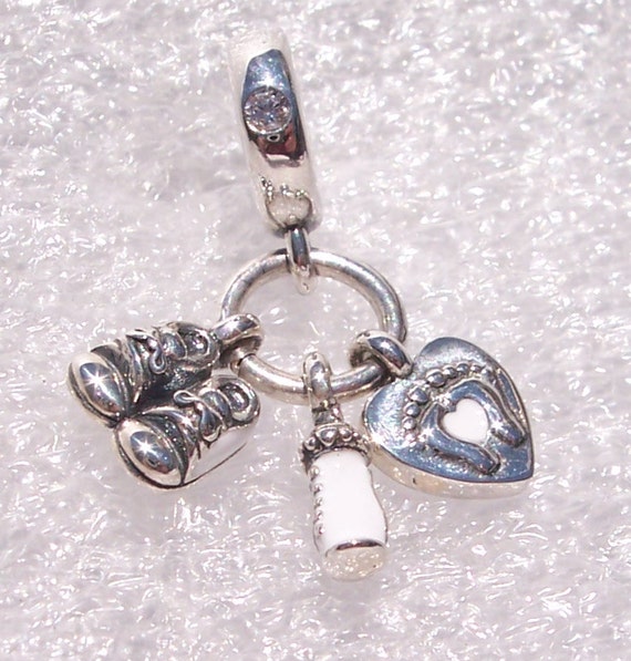 My Little Baby, Pandora, Bracelet Charm, Heart, Bottle, Booties, Embossed Footprints, Clear CZ, Enamel, Girl, Boy, Daughter, Son, Daughter