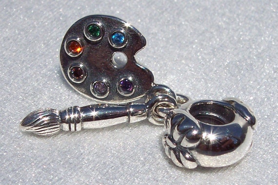 Artist's Palette Charm, Pandora, RETIRED, Picasso, 925, Paint Brush, Dangle, Multi Colored CZ, Teacher, Designer,Creator,Painter,Water Color
