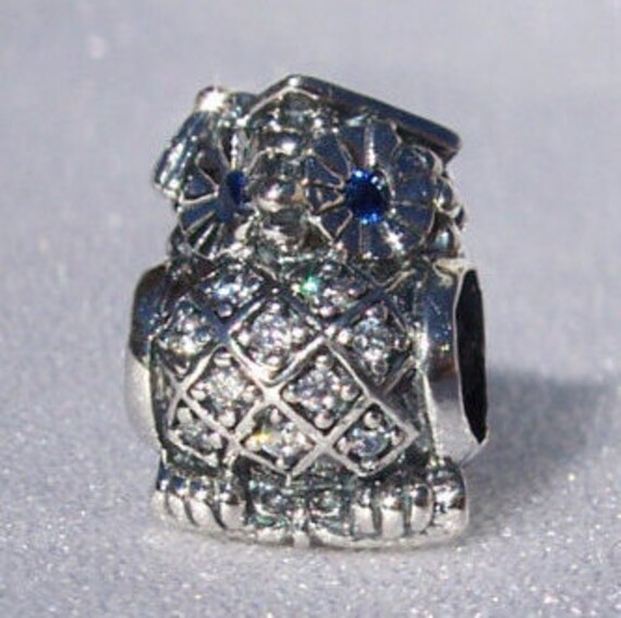 Graduate Owl, Pandora, Bracelet Charm, Blue CZ, Sterling Silver, Graduation, Book Worm, College, High School, Proud, Study, Congratulations