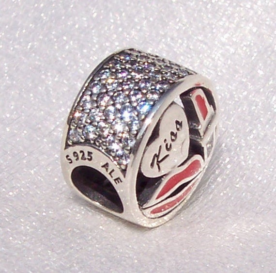 Glamour KISS, Pandora, Bracelet Charm, Slider, Sterling Silver, Enameled, Clear CZ, Lipstick, Heart, Night Out, Hot Date