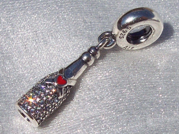 Celebration Time, Pandora, Bracelet Charm, Pave, Champagne Bottle, Celebrate, Red Enamel Heart, Clear CZ, 925, Holidays, Birthday, New Year