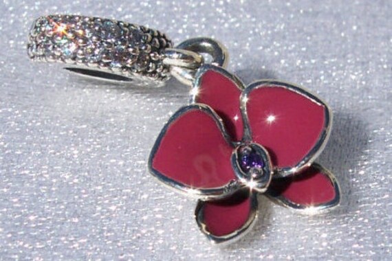 Orchid, Bracelet Charm, Radiant, RETIRED, Dangle, 925, Floral, Orkhis, Exotic, Greek, Love, Luxury, Beauty, Strength, Clear CZ, Enamel