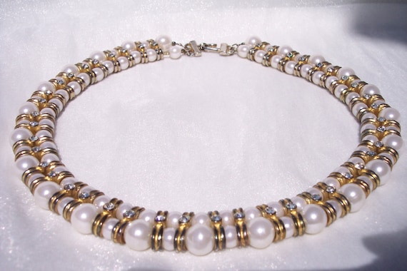 Vintage Necklace, Rhinestone, Pearl, Gold Tone, Double Strand, Dress Up Jewelry, High Fashion, Choker, Unsigned Beauties, Prom, Wedding