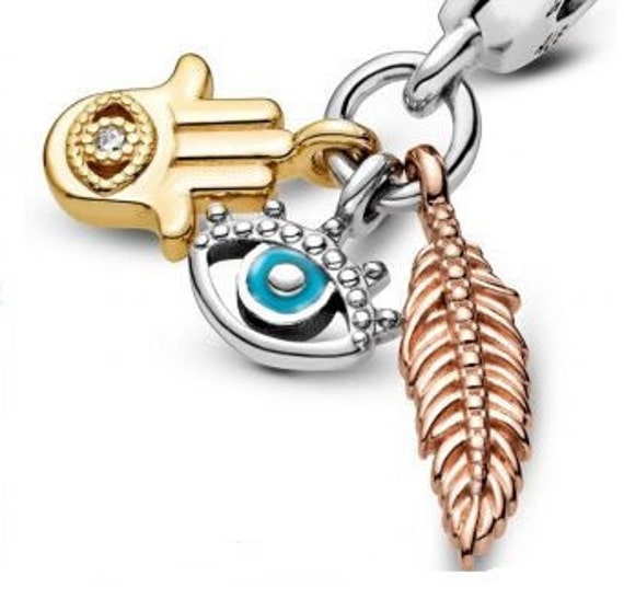 Hamsa Charm, Pandora Shine, Seeing Eye, Rose Feather, Spirituality, 3 Elements, Dangle, Bracelet Bead, 925, Greek, Guarded,Protection,Enamel