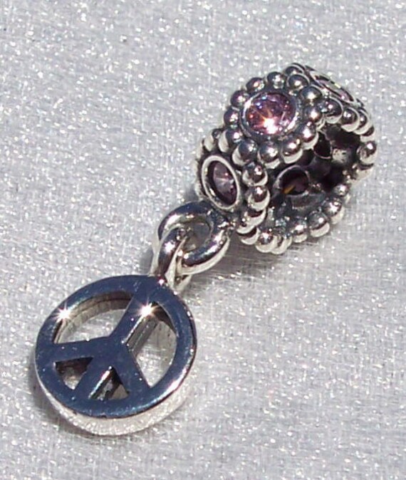 Peace Sign, Pandora, Bracelet Charm, Pink CZ, Retired, Retro, Dangle, Sterling Silver, Love Not WAR, Recognizable Icon, Symbol, Flowers