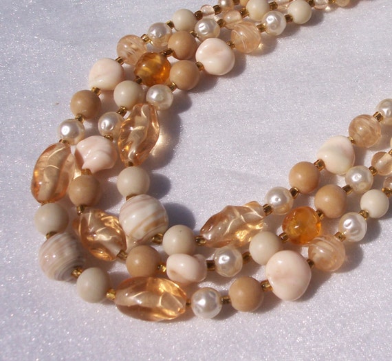Vintage Necklace, Multi Strands Bib, Glass Beads, Swirl, Graduated Beads, Amber Spacers, High End, Fashionable Jewelry, Choker, J Hook,Pearl