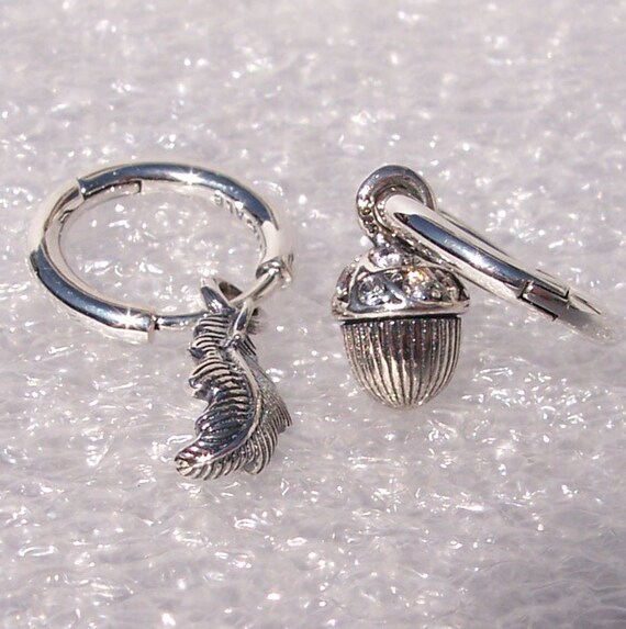 Acorn and Leaf, Hoop Earrings, Pandora, Silver, Embellished, Dangle, Autumn, Whimsy, Detachable, Nature, Elements, Forest, Fashionista, CZ