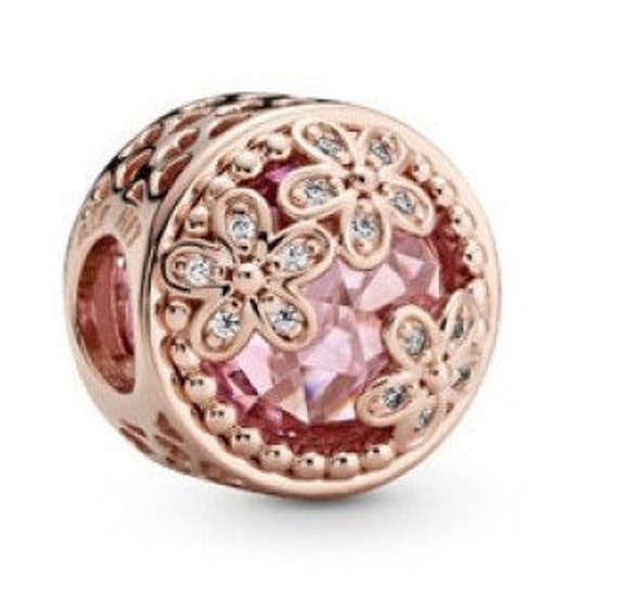 Pink Daisy Charm, Sparkling, Flower Bead, Pink CZ, 925, Clear CZ, Floral, Facet Cut, Button Charms, Wild, Openness, Cutout hearts, Freedom,