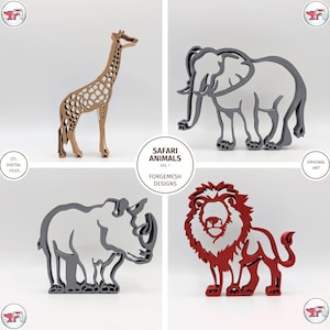 Safari Tiere 3D druckbare Schreibtisch Dekor Set – Löwe Nashorn Giraffe Elefant – Digitale STL Dateien für den 3D-Druck
