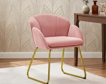 Flower Velvet Vanity Chair | Scalloped Accent Armchair | Gold Metal Legs | Modern Petal Makeup Seat for Bedroom Office