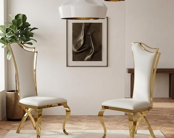Set of 2 Faux Leather Dining Chairs – Gold Mirror Legs, High-Back Modern Design - Luxury Furniture