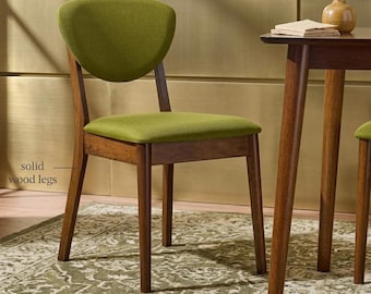 Set of 2 Mid-Century Modern Dining Chairs: Upholstered Walnut Wood Side Seating
