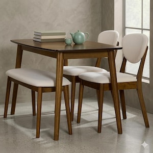 4-Piece Walnut Dining Set: Mid Century Modern Rectangular Wood Table, 2 Cream Upholstered Chairs & Bench