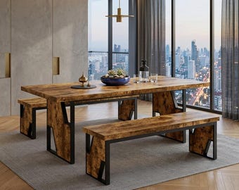 70.8" Wood Dining Table Set - 6 Person Kitchen Furniture - Modern Table & 2 Benches - Large Apartment Room Suite