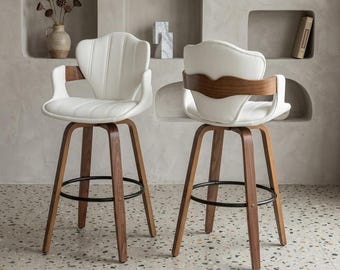 Set of 2 Swivel Counter Stools: Mid Century Modern Bar Chairs, Walnut Wood Frame, Faux Leather Seat