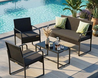 4-Piece Modern Rattan Garden Sofa Set, All-Weather Wicker Sectional Seating, Glass Top Table, Backyard, Poolside, Patio Furniture Set