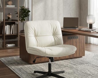 Cross Legged Office Chair - Wide Armless Desk Seat - PU Leather Swivel Task Stool - Comfortable Makeup Vanity Furniture, Classic Beige