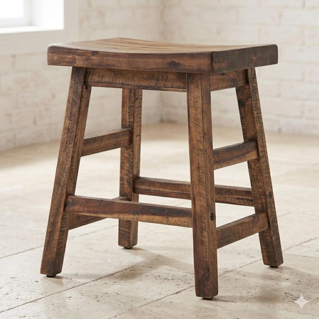 Farmhouse Wood Dining Stool - Rustic Industrial Kitchen Seat - Solid ...