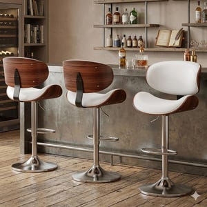 May include: Three modern bar stools with curved wooden backs and white seats. The stools have a chrome base and a footrest. The bar stools are in front of a bar with bottles and glasses on the shelves.