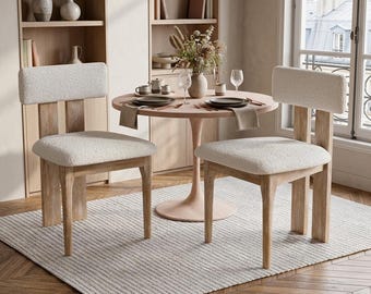 Set of 2 Boucle Dining Chairs: Mid-Century Modern Wood Frame, Curved Backrest Accent Seats