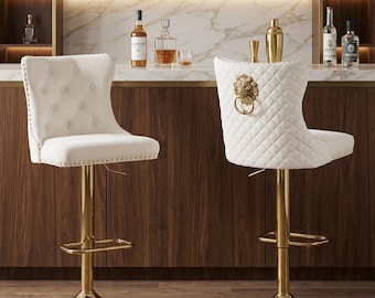 Set of 2 Velvet Swivel Bar Stools Gold Counter Height Chairs Modern Tufted Upholstered Kitchen Island Seating Lion Ring