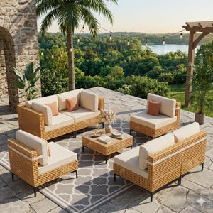 9-Piece Wicker Patio Sectional Set, 110" Boho Outdoor Sofa, Anti-Slip Cushions & Table