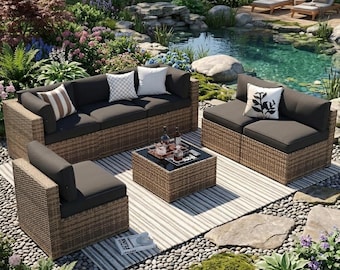 7-Piece Outdoor Patio Furniture Set - Wicker Sectional Sofa - All Weather Garden Conversation Seating - Thick Cushions