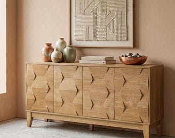 60" Walnut Sideboard Buffet Cabinet: Mid Century Modern Credenza, Kitchen Storage Console Table, 4 Door Accent Cupboard
