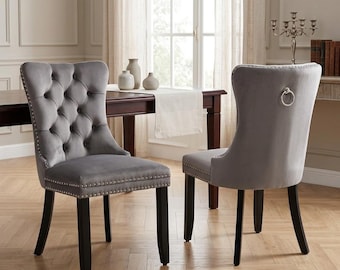 Modern Black Velvet Dining Chairs Set of 2, Tufted Nailhead Upholstered Kitchen Seating, Rubber Wood Legs, Mid-Century