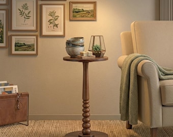 Round Walnut Side Table: Small Mid Century Modern End Table for Small Spaces, Accent Nightstand Living Room