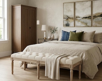 60" Tufted Upholstered Bench: French Bedroom End of Bed Bench, Carved Wood Legs for King Bed, Living Room Decor