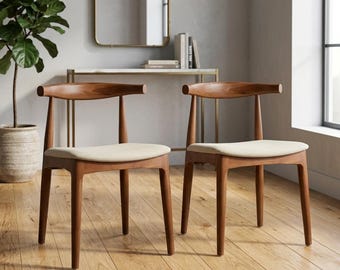 Set of 2 Solid Beach Wood Dining Chairs: Mid-Century Modern Espresso, Beige Linen Seat