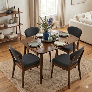 Puede incluir: Un juego de comedor con una mesa de madera oscura y cuatro sillas con asientos de tela gris. La mesa está puesta con platos, cubiertos y un jarrón con flores. El conjunto está sobre una alfombra tejida.